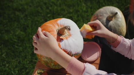 a child decorates a pumpkin - prepares festive decorations