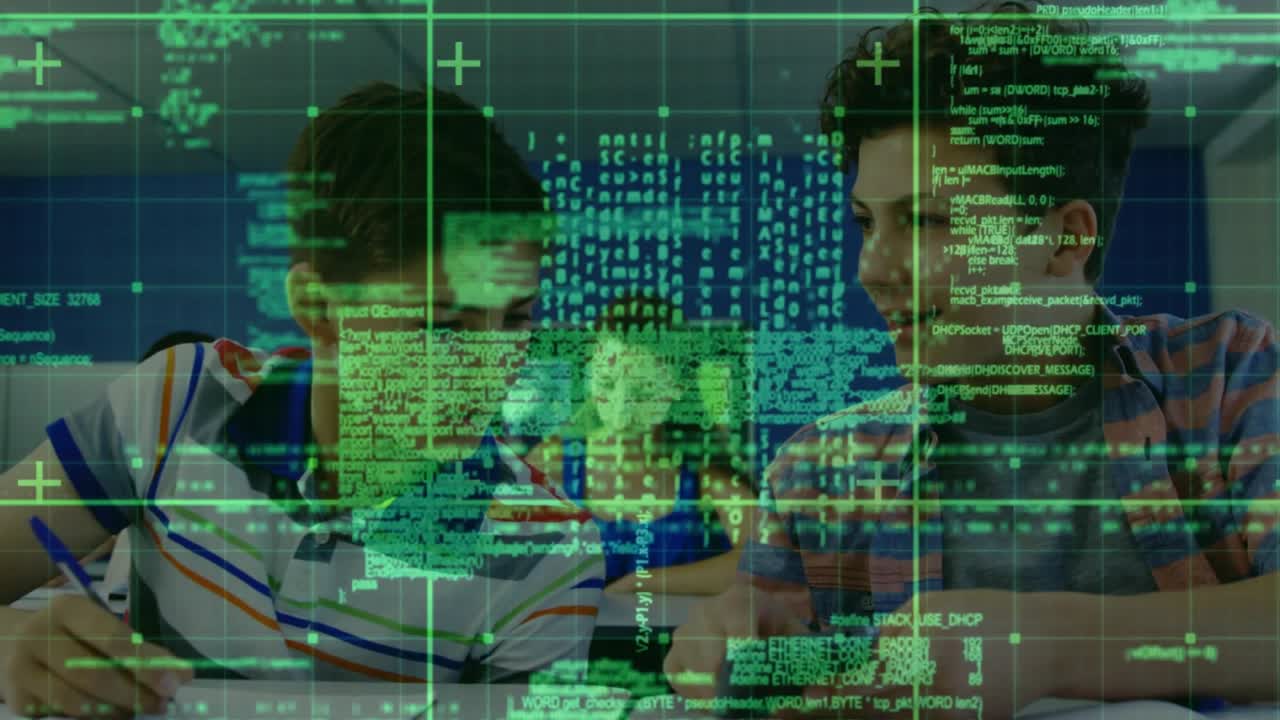 Two students writing and checking phone when code overlay scrolling in lab for coding breakthrough