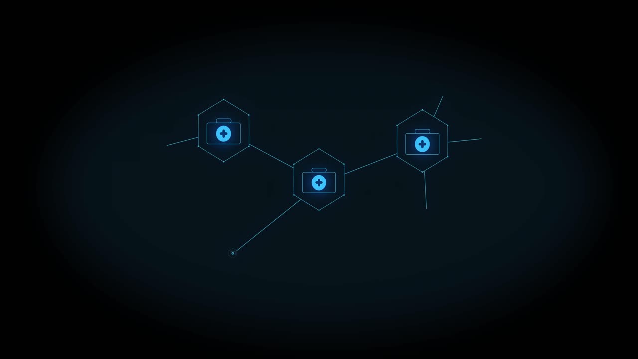 animación de la creciente red de iconos de primeros auxilios azules en fondo negro