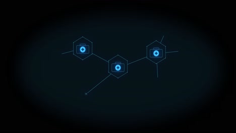 Animation-of-growing-network-of-blue-first-aid-icons-on-black-background