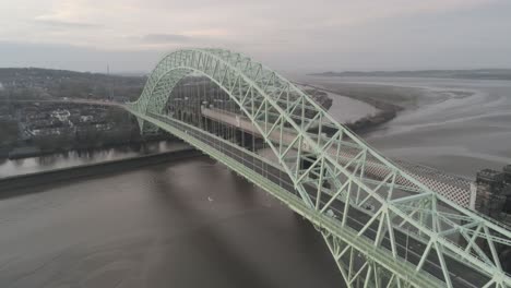 runcorn silver jubilee bridge aerial view at sunrise