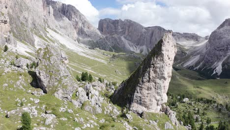 rocky mountain formation in dolomites, twin peaks of pieralongia close up aerial view