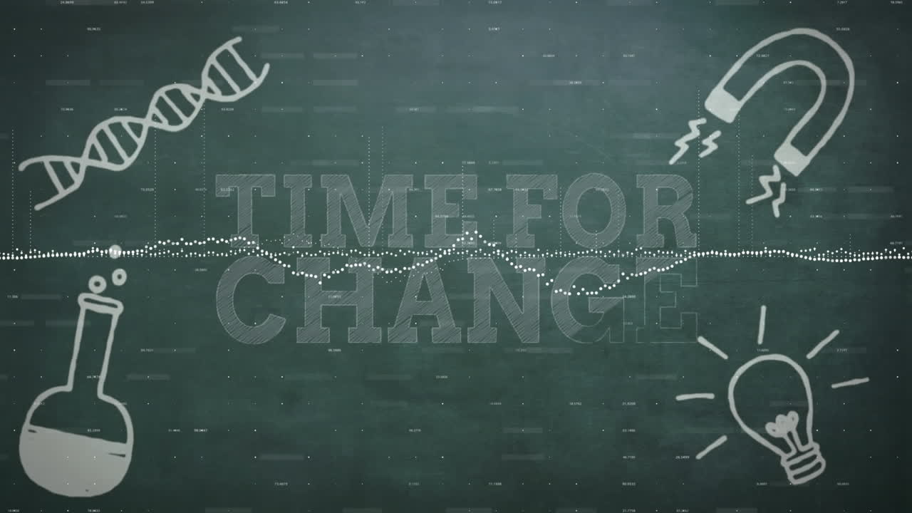 과학 아이콘의 애니메이션, 변경 텍스트의 시간 및 검은색 배경의 데이터 처리