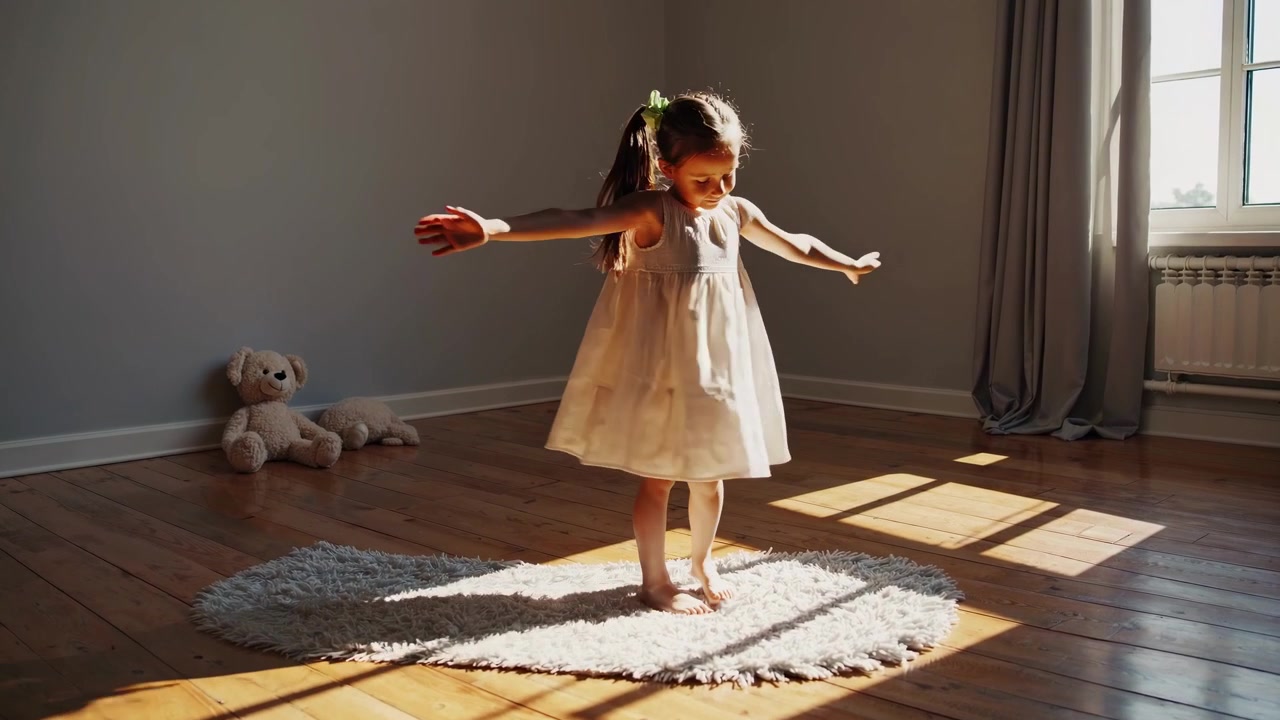 Bambina che gira e gioca alla luce del sole su un pavimento di legno.