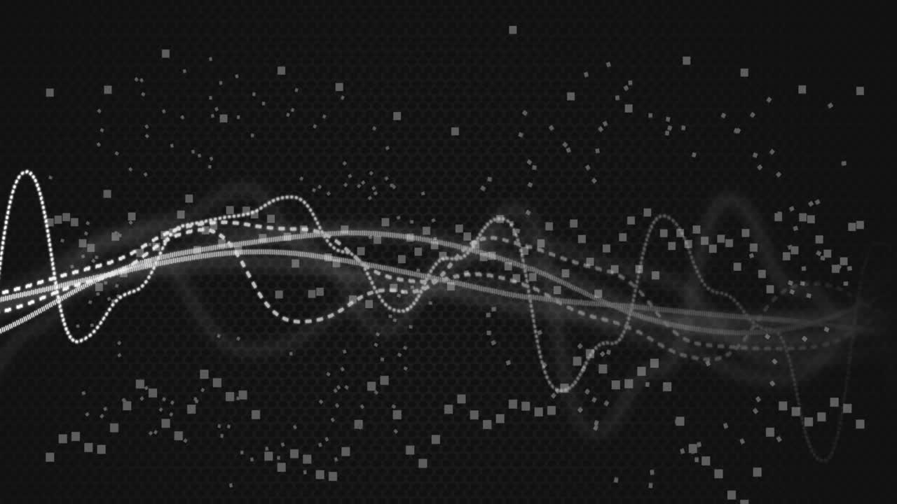 검은 바탕에 회전하는  ⁇  입자 위로 움직이는 디지털 파동의 애니메이션