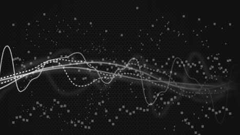 animación de ondas digitales que se mueven sobre partículas blancas que giran contra un fondo negro