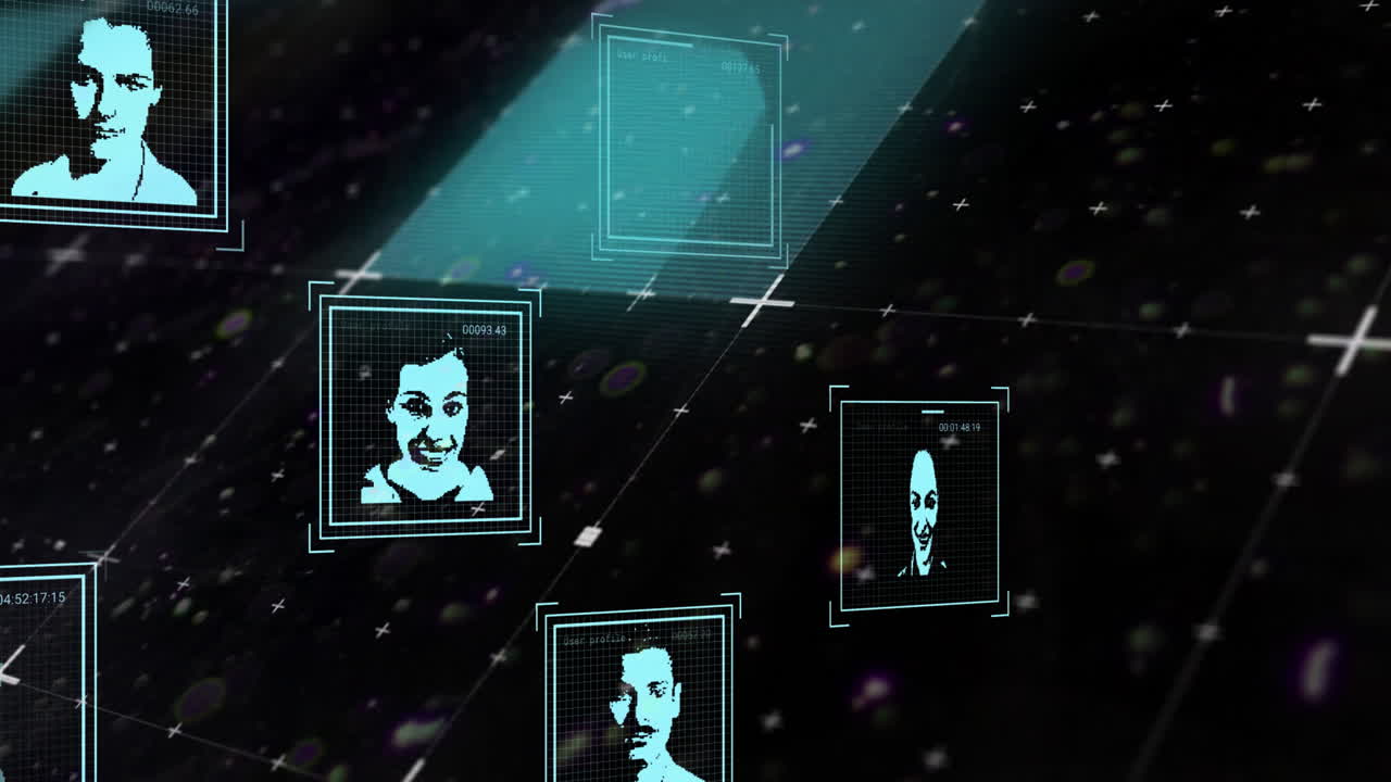 Animation of user photos, glitch and data processing in digital space