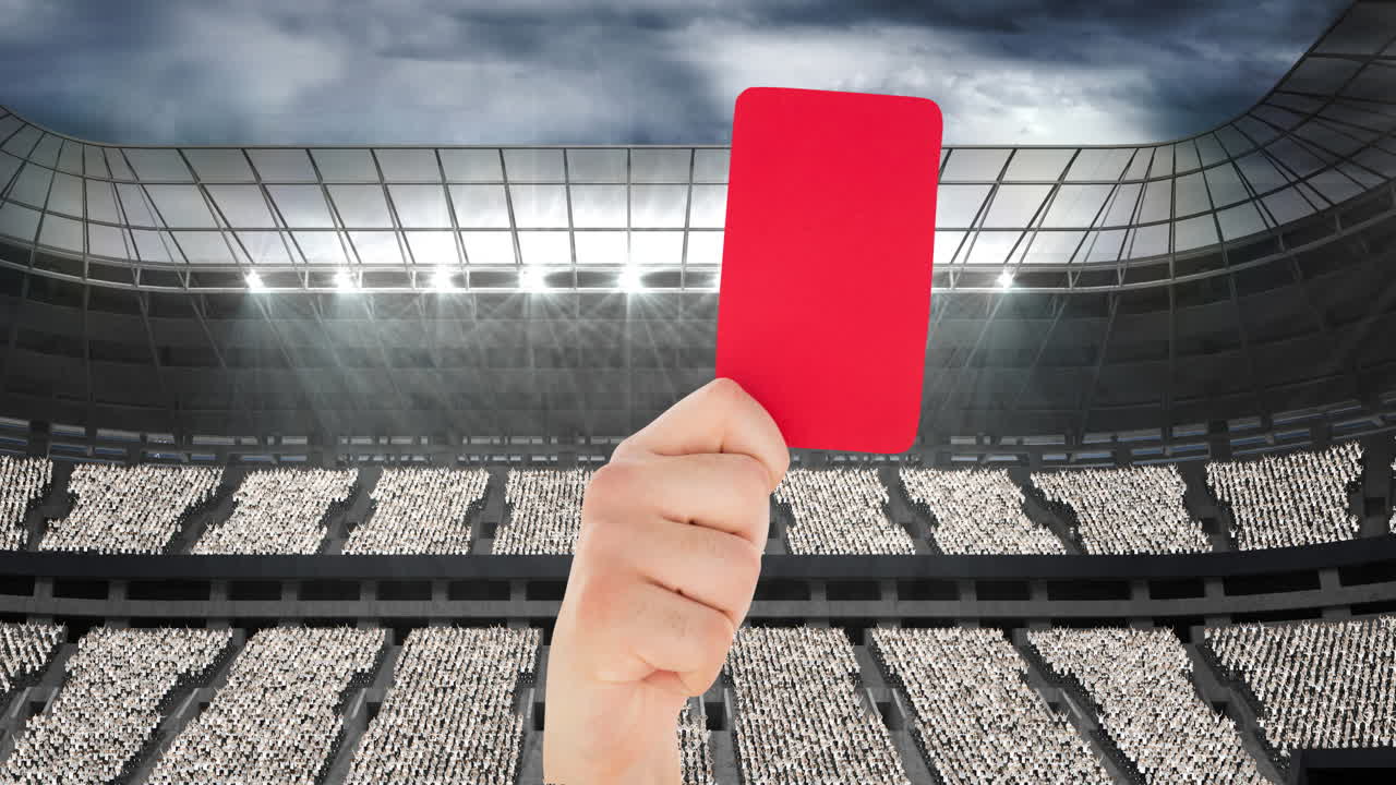 animación del árbitro sosteniendo una tarjeta de penalización roja sobre el estadio deportivo