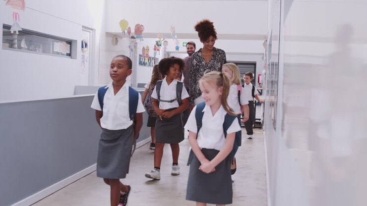 Teacher And Pupils Walking Along Corridor In Busy Elementary School Corridor
