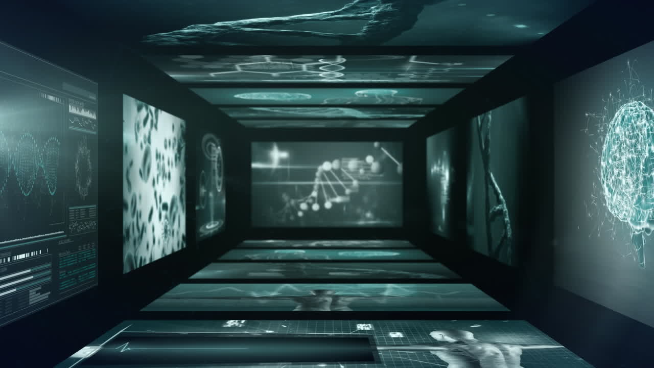 검은 바탕에 연결된 점 위에 여러 의료 인터페이스의 애니메이션