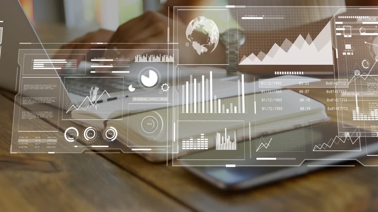 Woman typing on laptop activating floating graphs over phone, notebook for business analytics