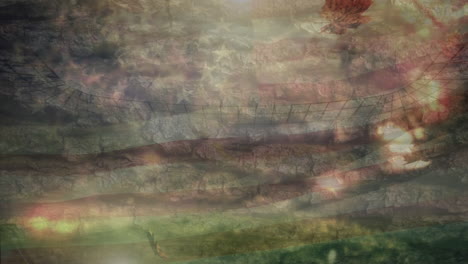 animación de hojas sobre la bandera de ee.uu. y el estadio