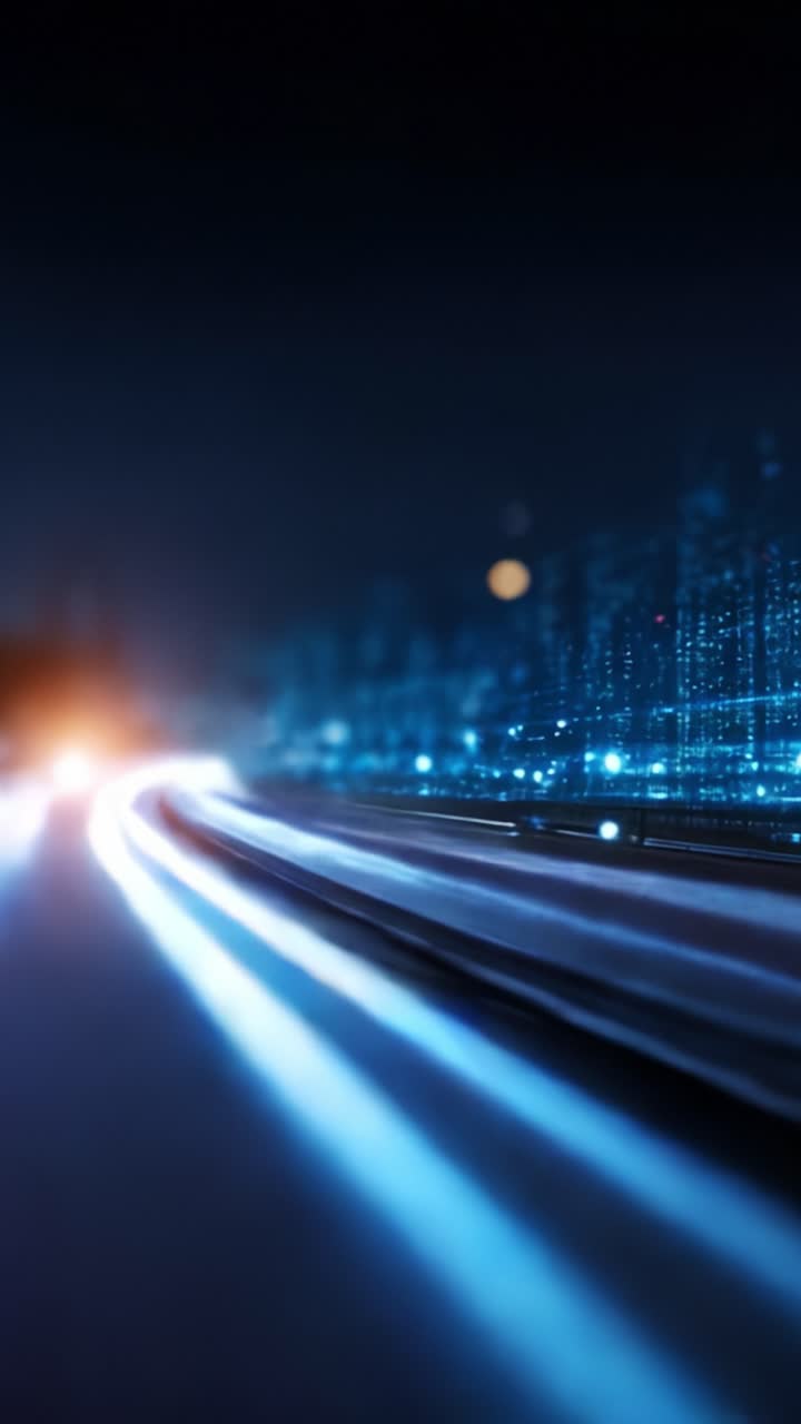Una rappresentazione dinamica di scie luminose e modelli digitali che illuminano una scena notturna con energia di movimento vivace e vibrazioni urbane futuristiche