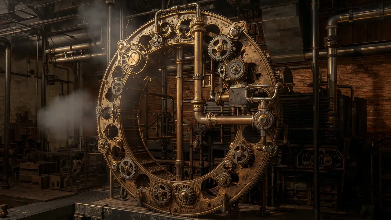 Seeping steam from pipe joint causing gear assembly turning cogs in workshop, powering machinery