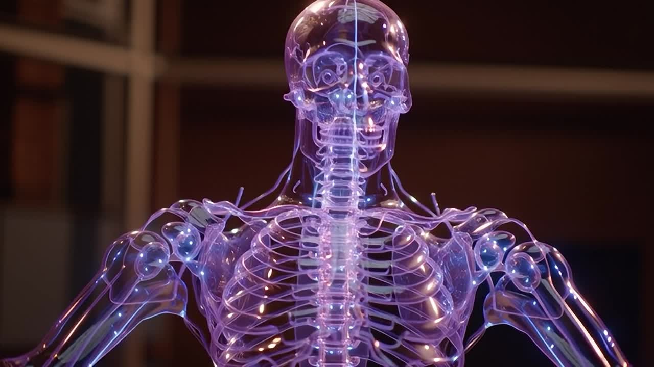 3D holographic skeleton displaying human anatomy at educational event