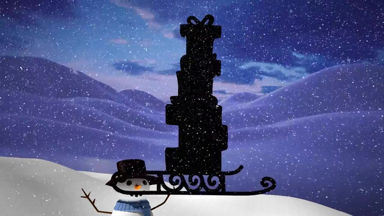 Animation of presents over snow falling