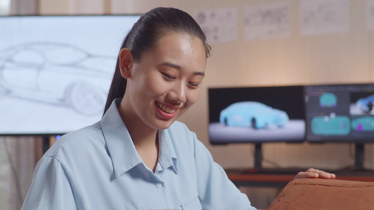 아시아 여성 자동차 디자이너가 스튜디오에서 자동차 점토 조각을 작업하는 동안 카메라에 미소 짓고 있습니다.