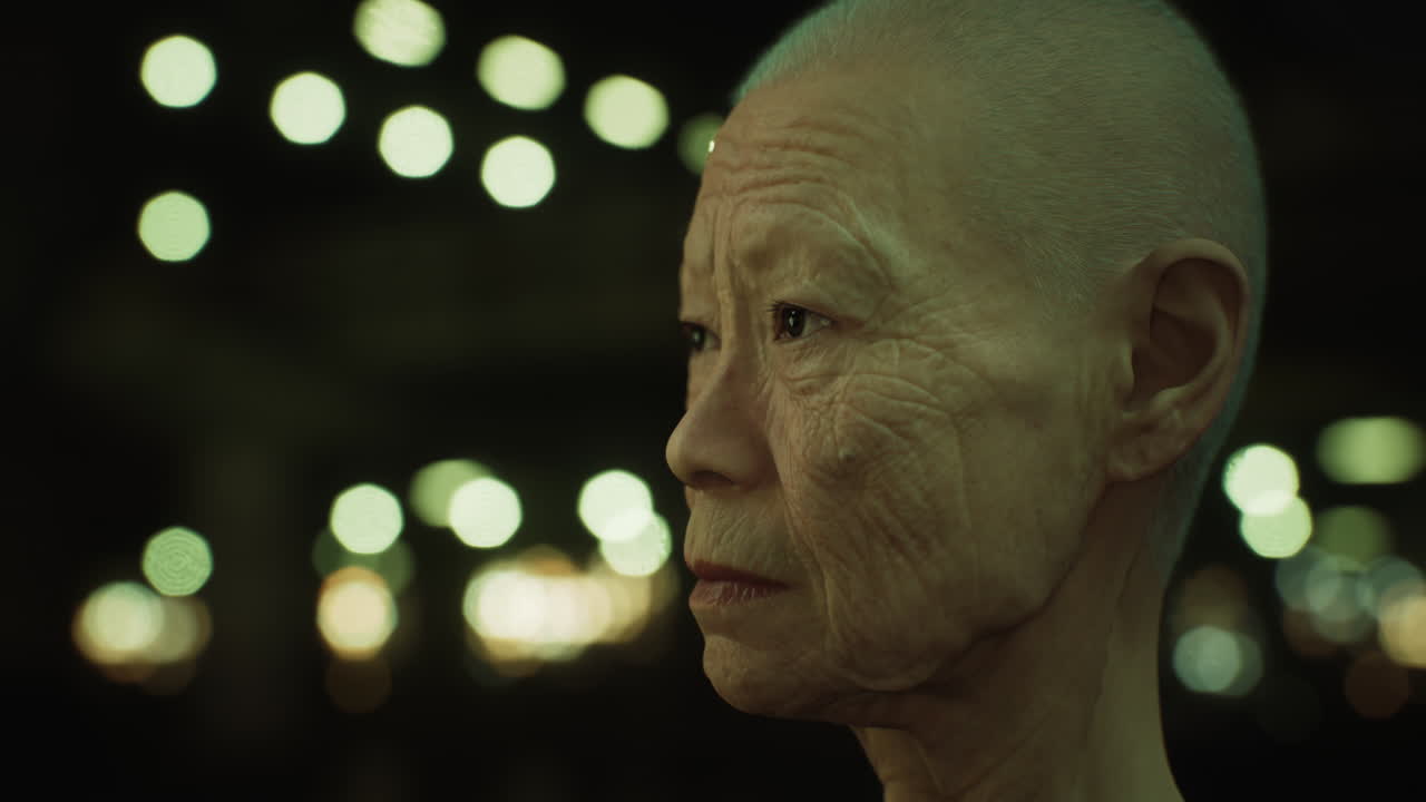 밤에 도시에 있는  ⁇ 은 아시아 여인