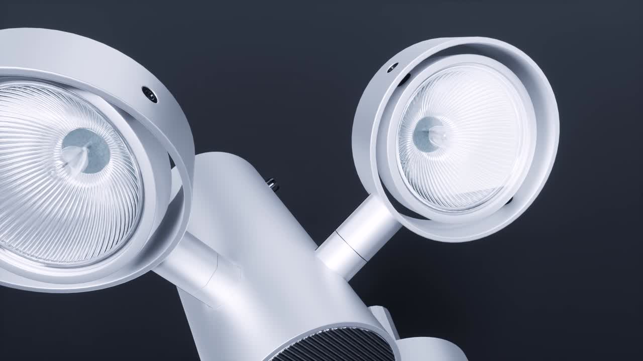 accesorio de foco con 4 bombillas vista de primer plano con piezas metálicas de vidrio detalladas sobre fondo negro animación de producto 3d