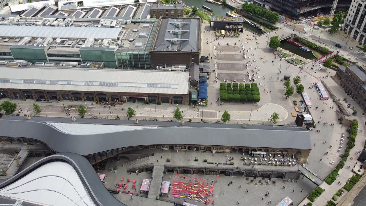 Coal drops yard Kings Cross London UK rising drone aerial view