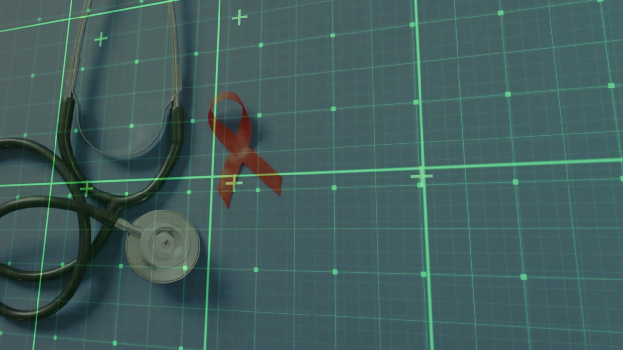 Stethoscope and red ribbon staying on blue grid as medical overlay appearing, scanning, centering