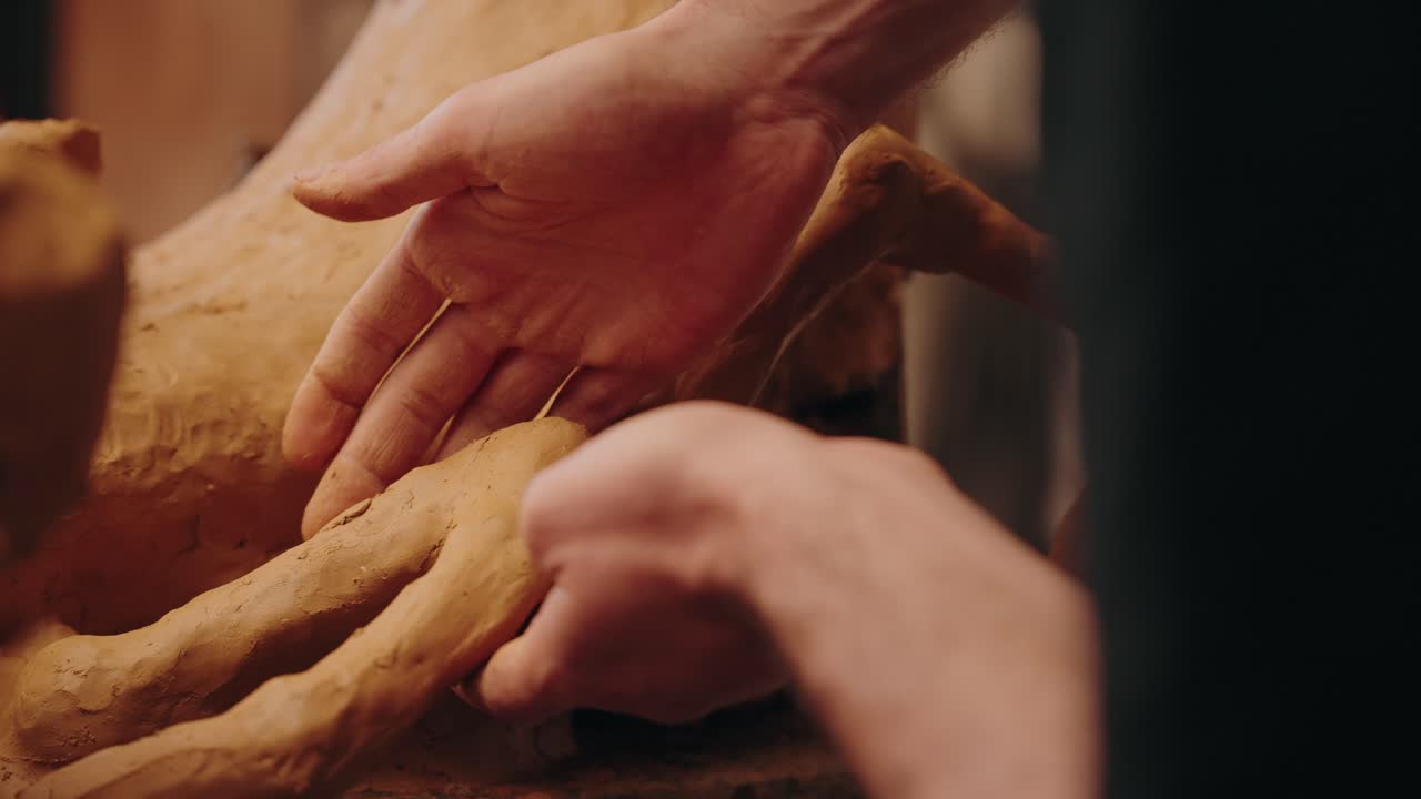 hands detailing a clay sculpture in studio setting with soft warm light