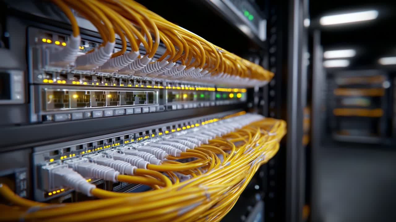 A Close-Up View of High-Speed Network Server Equipment with Yellow Ethernet Cables Interconnected in a Modern Data Center Environment for Efficient Data Transfer