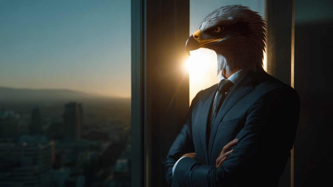 Una maestosa figura con testa d'aquila si erge con sicurezza contro uno skyline al tramonto, fondendo potenza e sofisticazione in una fusione surreale di natura ed eleganza aziendale.