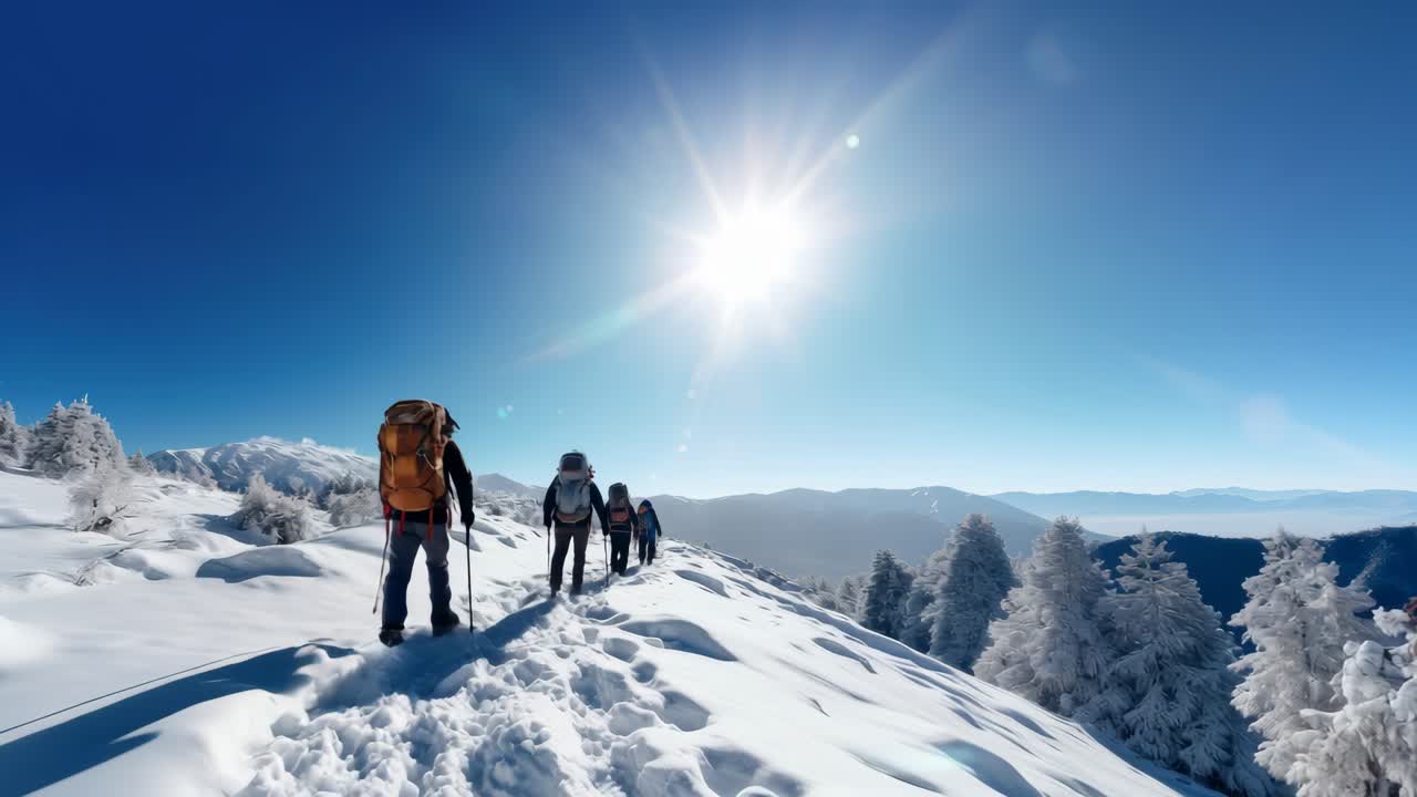 Vídeo grande angular de um grupo de pessoas caminhando por uma trilha de montanha nevada sob um sol forte