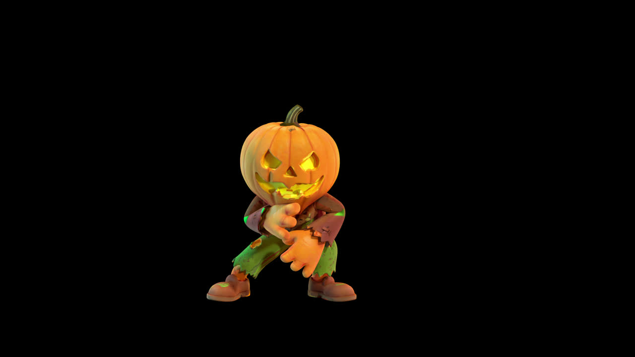 Animated Jack-o'-lantern Character Dancing on Black Background