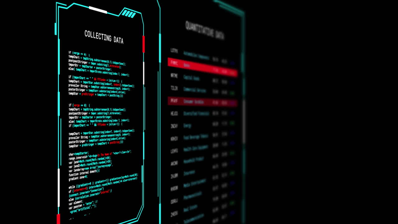 Animation of digital data processing on screens over black background