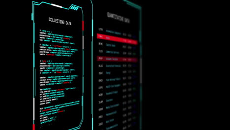 Animation of digital data processing on screens over black background