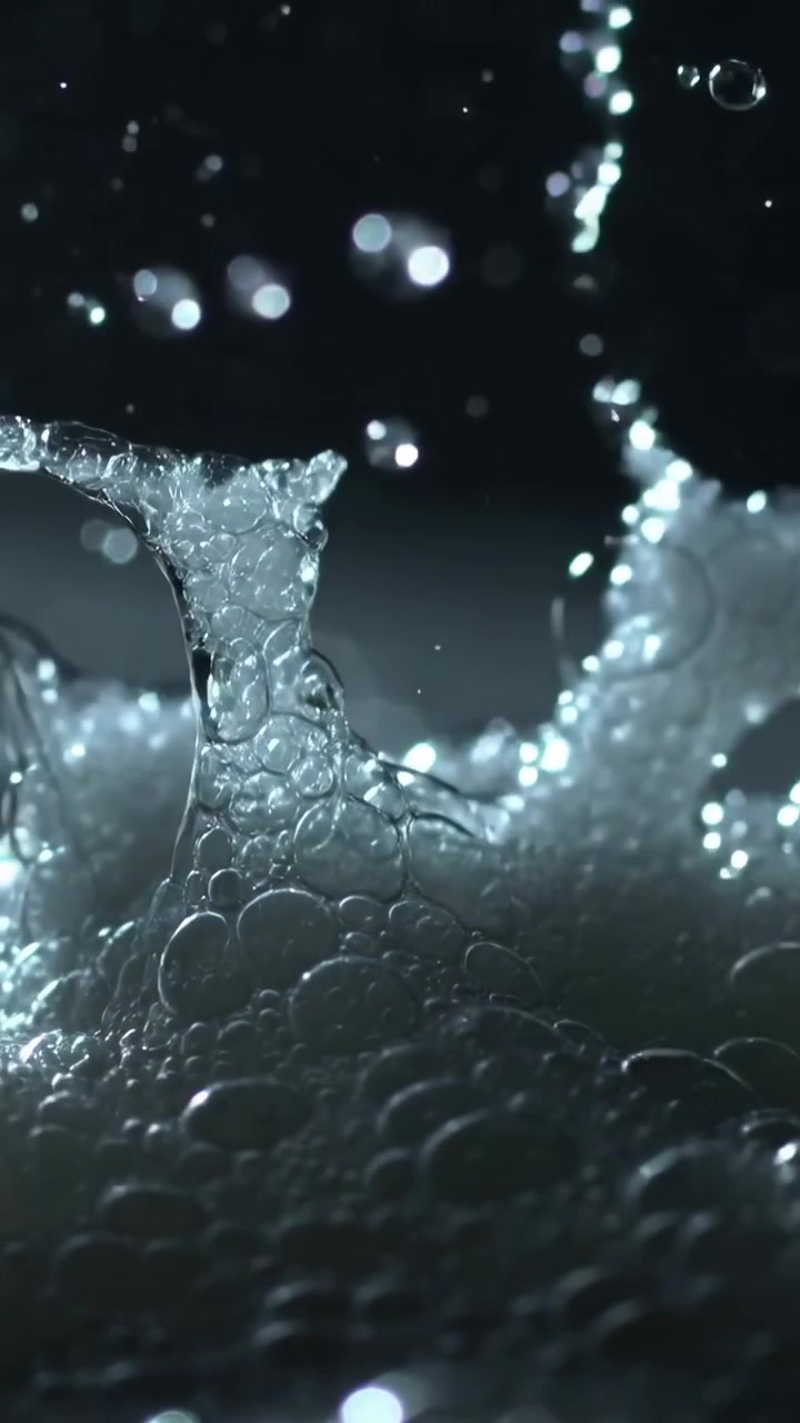 Video verticale: Goccioline che cadono e colpiscono la schiuma in macro in studio, formando archi e bolle che scoppiano