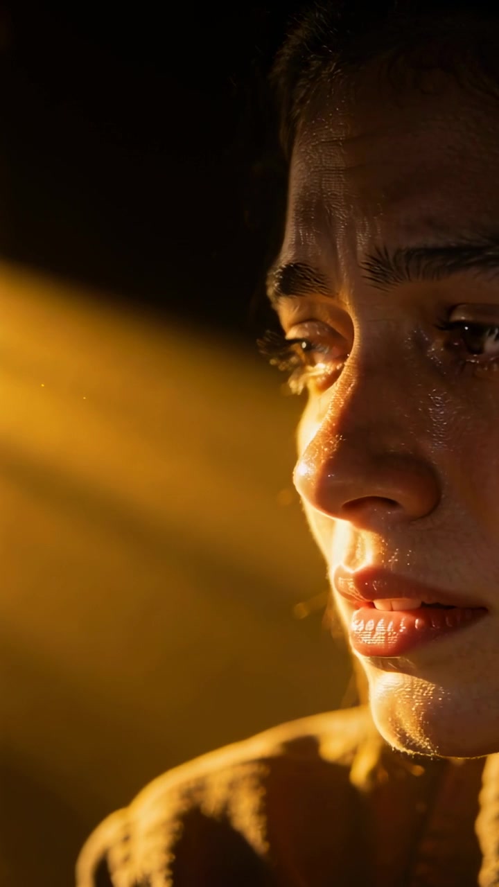 Video vertical: Reaccionando a la luz desde la izquierda, mujer girando la mirada y llorando, blusa color canela, espacio para texto.