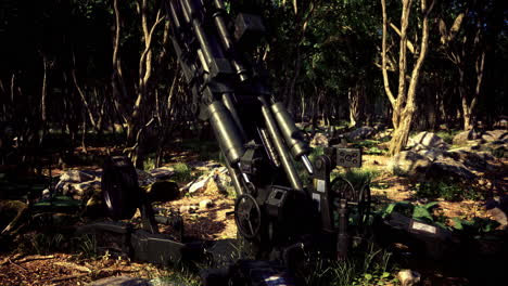 high tech artillery positioned in a dense forest at dawns first light