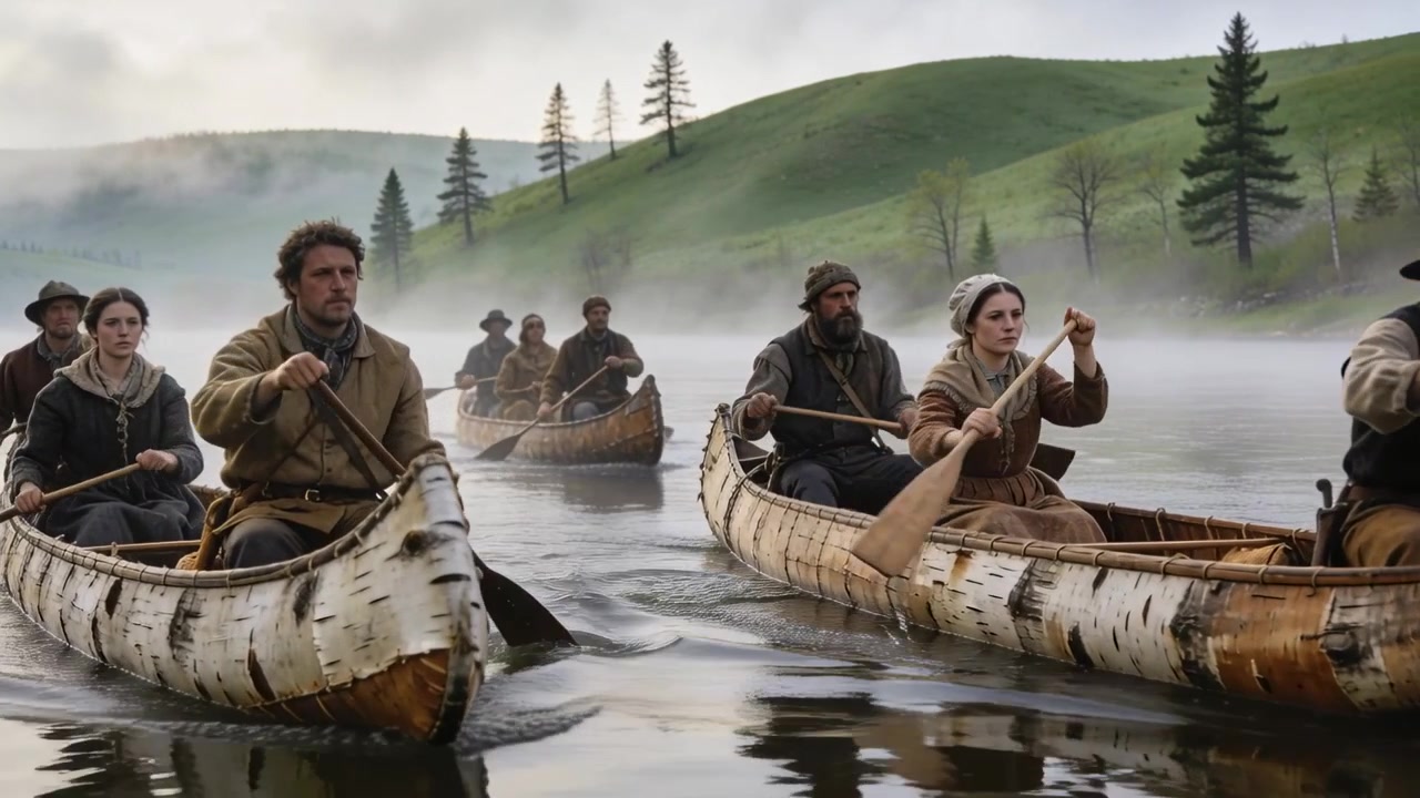 Paddling group in birch canoes crossing misty lake, dawn lifting fog for expedition in period coats