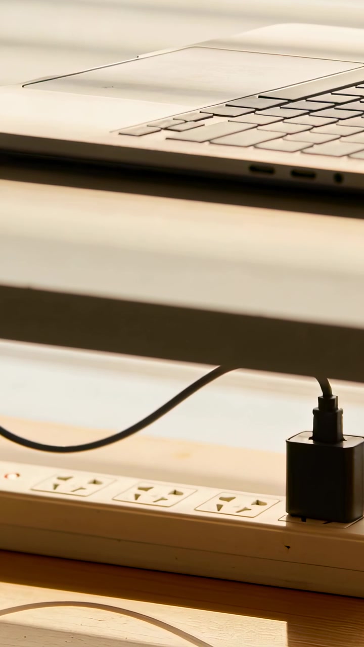 Vertical video: Shifting sunlight casting blinds shadows across shelf, revealing laptop charger