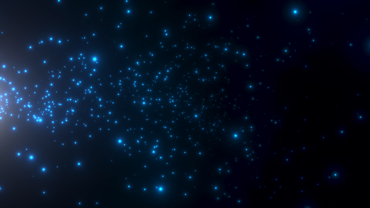 Estrelas azuis e brilhos voando em uma galáxia escura e estrelada
