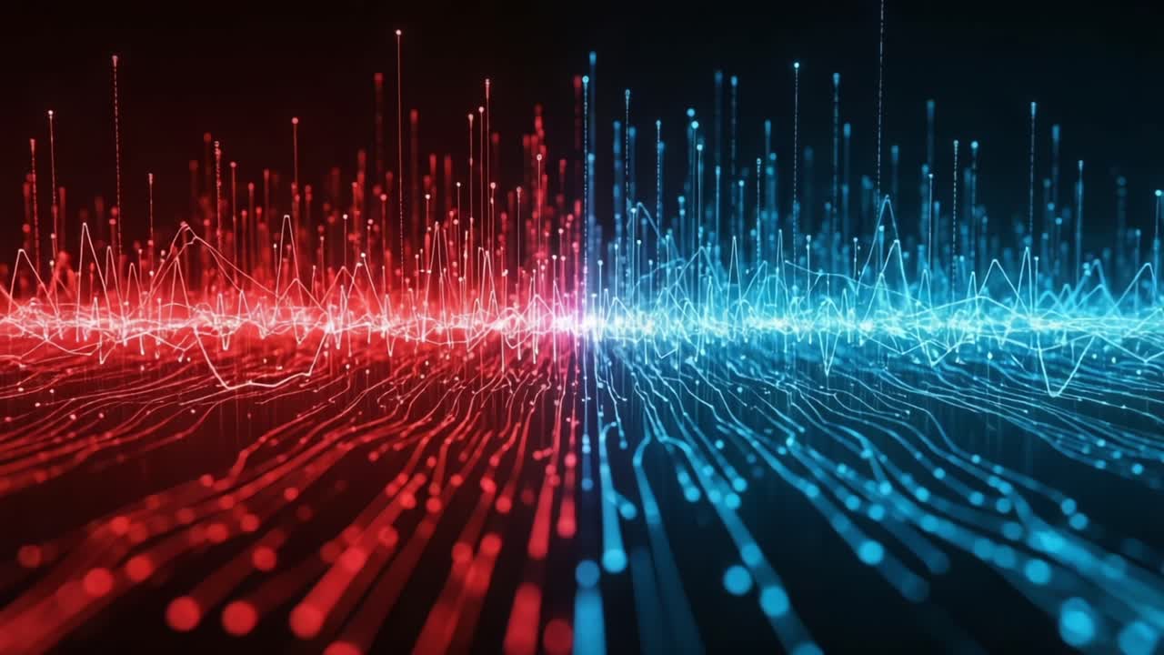 A captivating visual representation of digital sound waves, showcasing vibrant red and blue energy pulses that create a stunning contrast in the rhythmic pattern of data