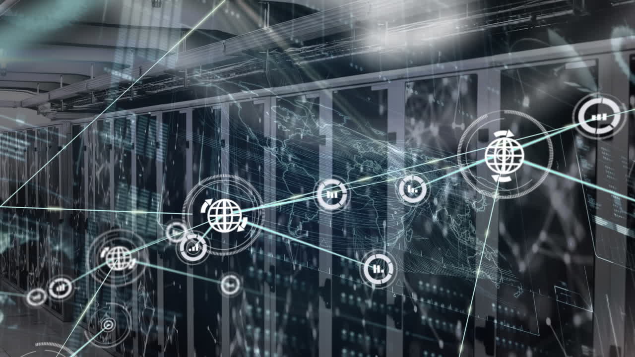 아이콘과 데이터 처리를 통해 컴퓨터 서버를 통해 연결 네트워크의 애니메이션