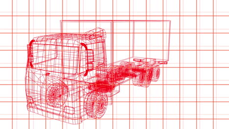 animación de un dibujo de coche en 3d girando en una cuadrícula roja sobre un fondo blanco