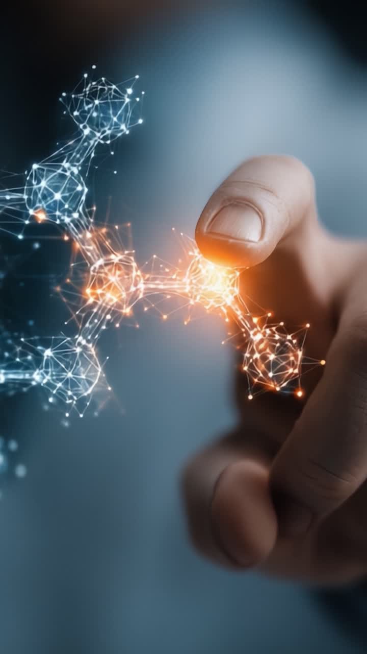 Um Close-Up de um Dedo Humano com uma Rede Digital de Partículas Conectadas, Simbolizando Tecnologia, Inovação e Ciência de Dados em um Mundo Moderno