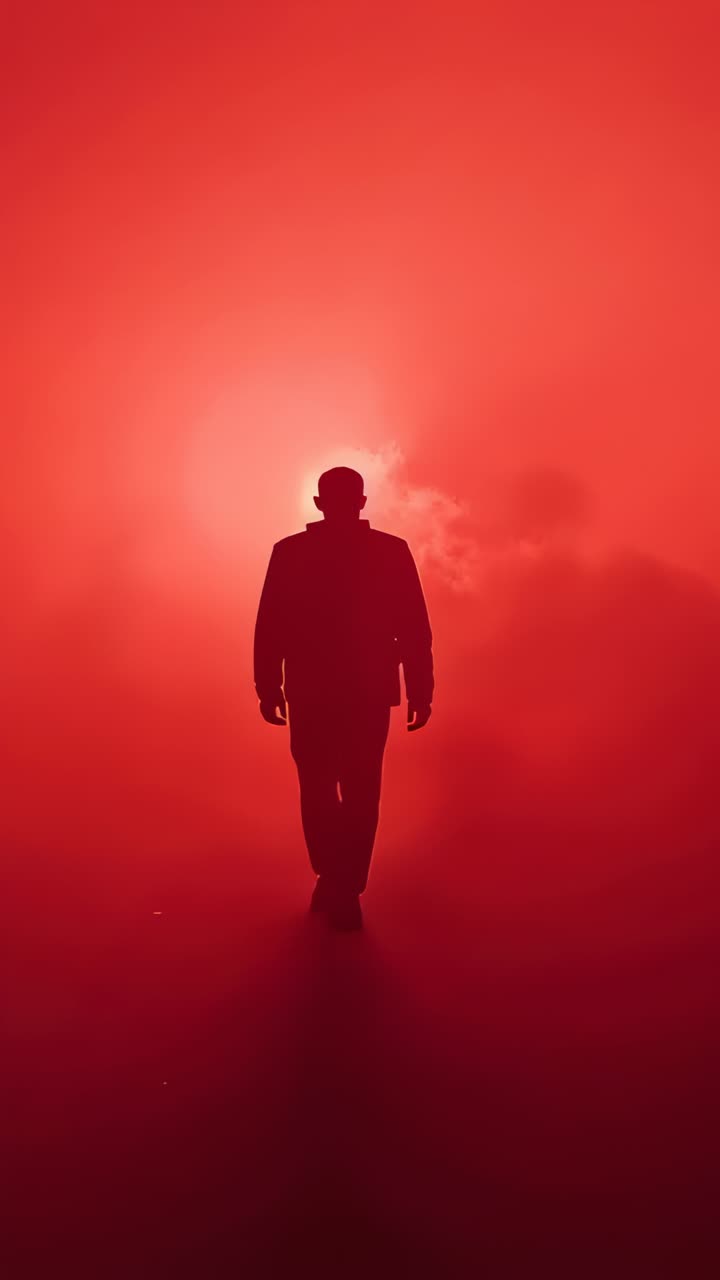 Vertical video: Entering man walking to camera on set fog and halo forming coat and specs for style