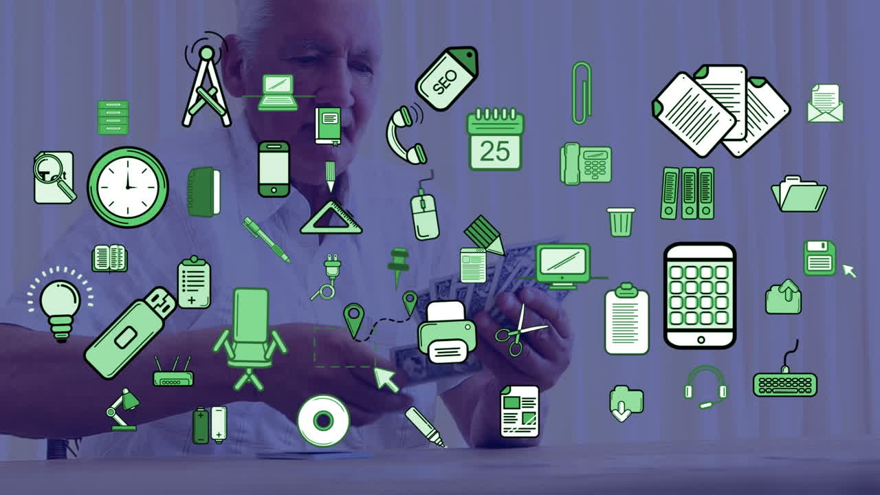 animación de iconos de los medios sobre un hombre caucásico mayor jugando a las cartas
