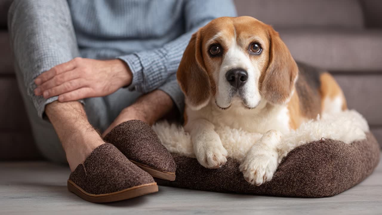 Un momento intimo: un beagle rilassato sdraiato comodamente su un letto morbido accanto a una persona con comode pantofole, che cattura l'essenza di casa e compagnia