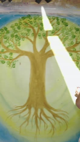 woman painting a tree of life mural