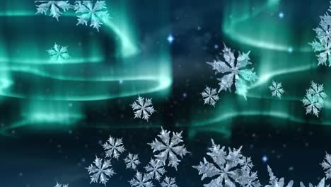 Digitale-Animation-Von-Schneeflocken,-Die-über-Leuchtende-Lichtspuren-Am-Nachthimmel-Fallen
