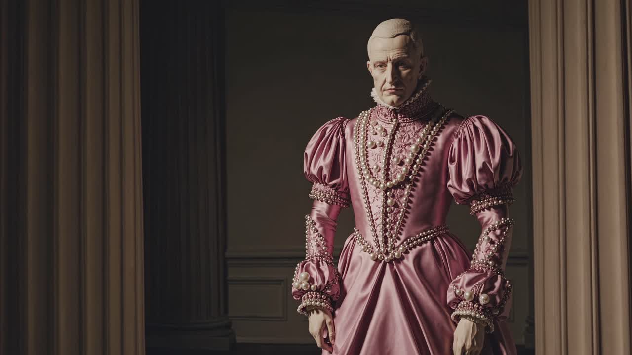 историческая реконструкция, изображающая дворянина в элегантном розовом платье с жемчужными украшениями, стоящего в винтажном интерьере с колоннами и шторами