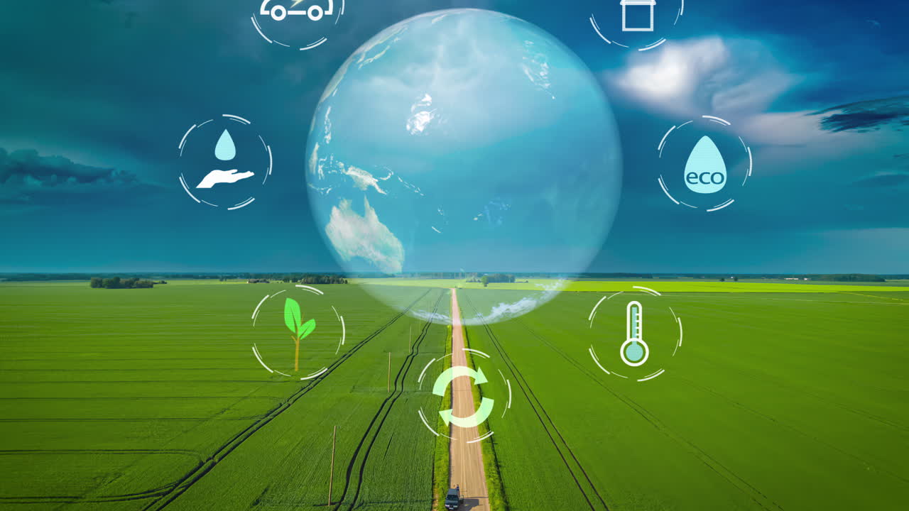 재생 가능한 지속 가능한 식품 생산에 대한 그래픽 개념을 통해 비행하는 동안 농작물  위에서 극적인 폭풍우 날씨 하이퍼 라프