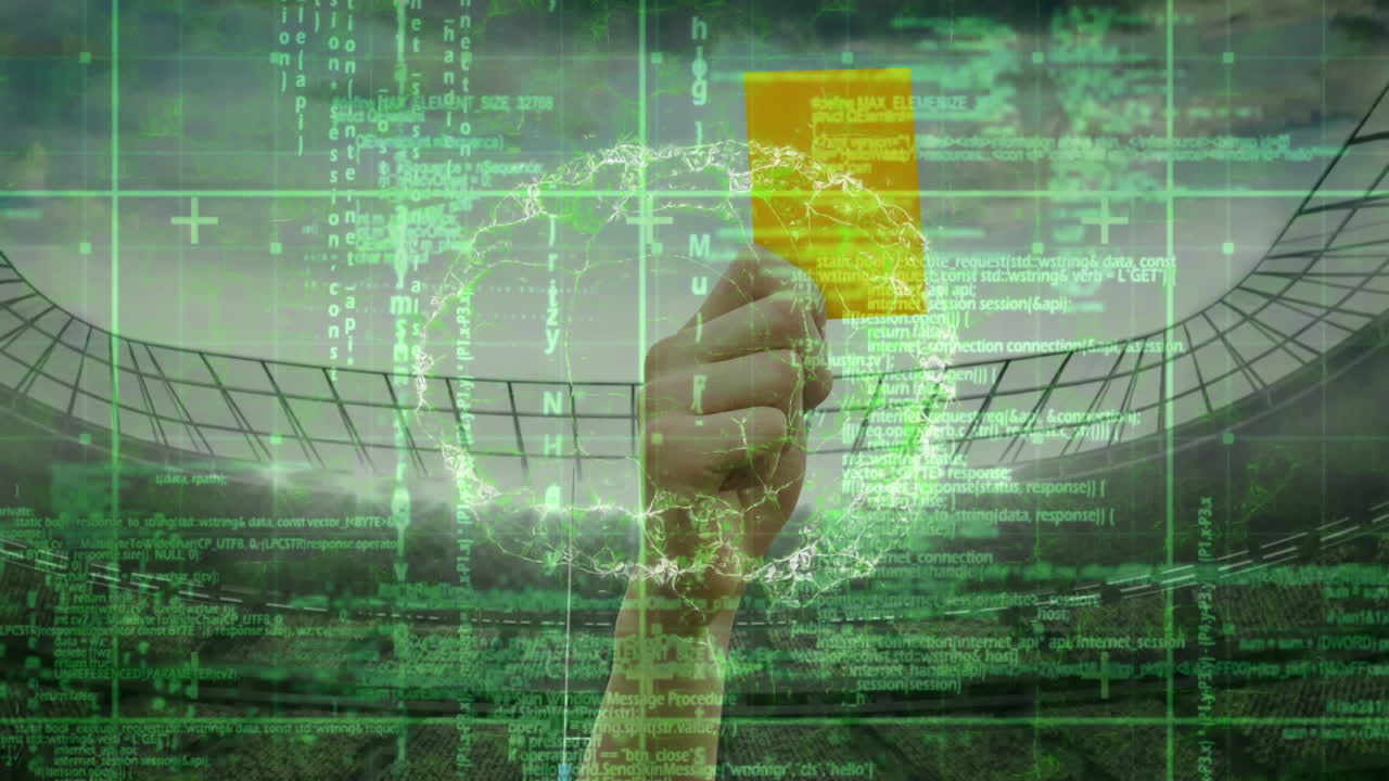 스포츠 스타디움에서 노란 카드를 보여주는 심판에 대한 데이터 처리 애니메이션